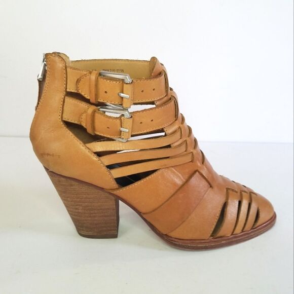 Dolce Vita Anthropologie Tan Brown Leather Helsa Caged Buckle Ankle Bootie 6.5 - Picture 3 of 12